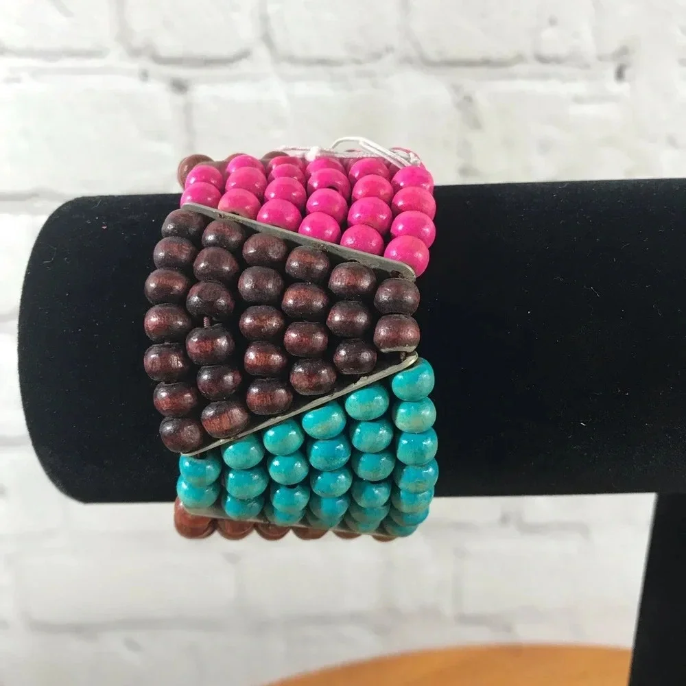 Pink, Aqua, and Brown Wood Bead Fashion Stretch Bracelet - New with Tag - Picture 3 of 6
